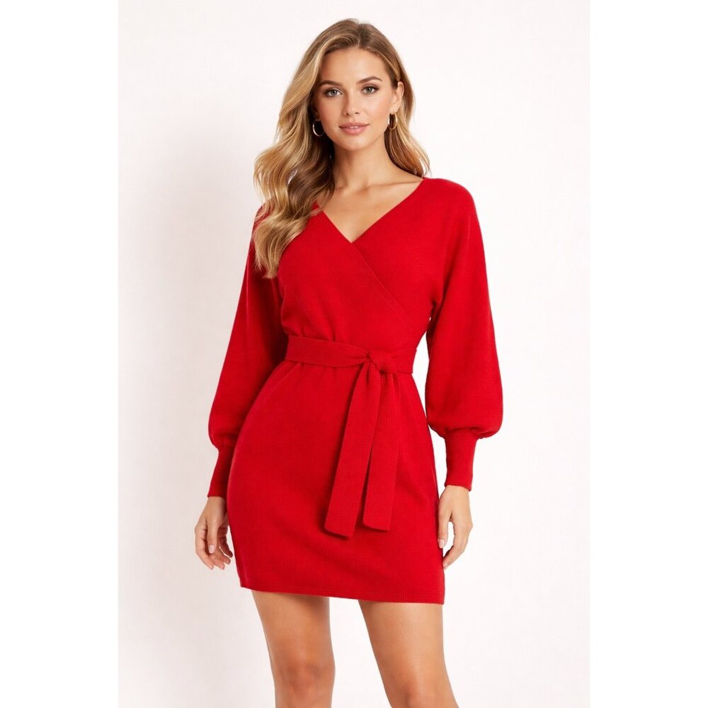 ❤️ Red Ribbed Wrap Sweater Dress Bodycon Batwing Sleeve S ❤️